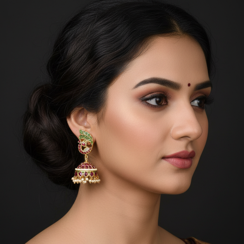 Beautiful Kemp Handmade Jhumka - Traditional Red Stone Temple Earrings