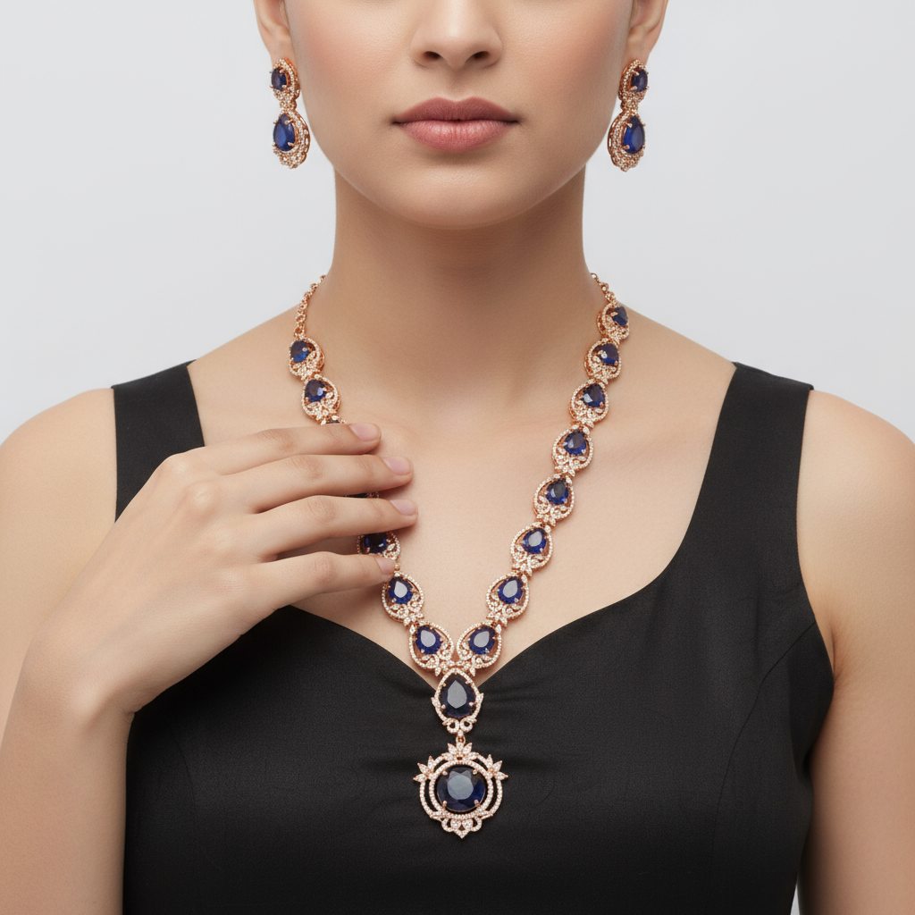 Blue American Diamond Necklace Set - Rose Gold Sapphire Royal Wedding Jewelry