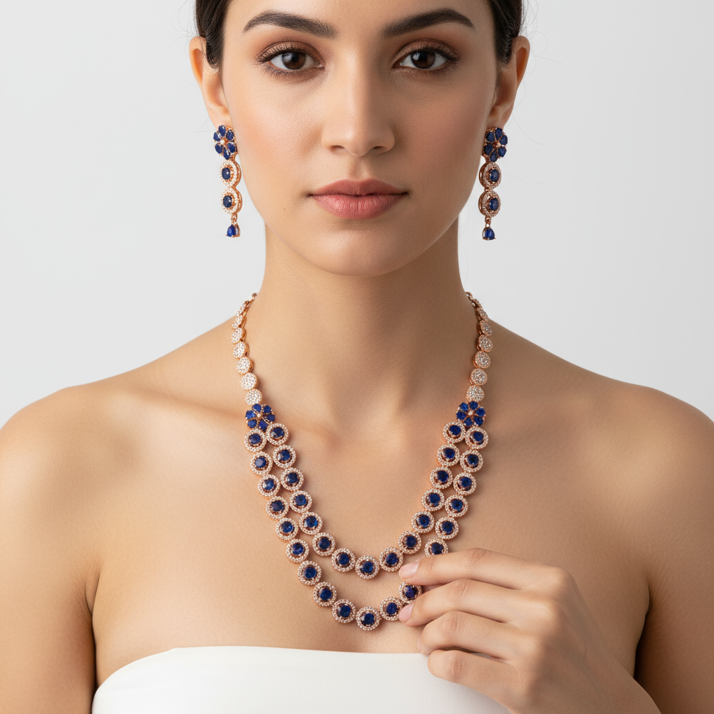 Blue Double Layer American Diamond Necklace Set - Rose Gold Layered Jewelry