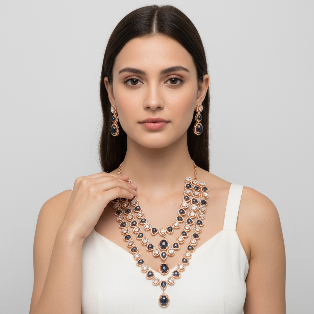 Blue Rose Gold American Diamond Layered Necklace Set - 24 Inch Wedding Jewelry