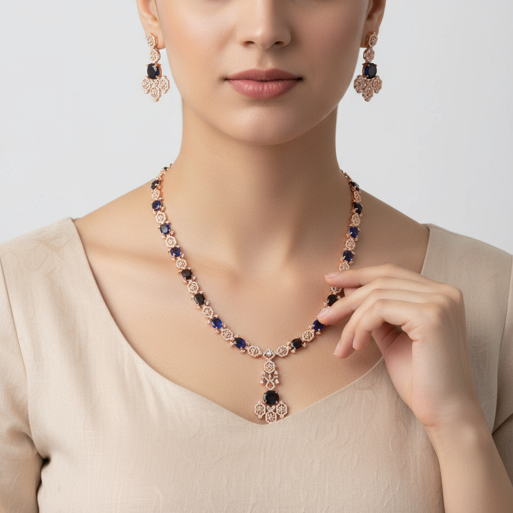 Blue Rose Gold American Diamond Long Necklace Set - 32 Inch Wedding Jewelry