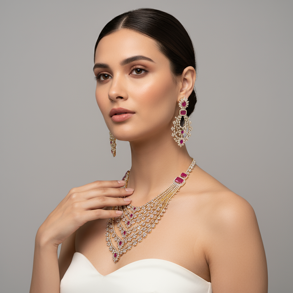 Bridal American Diamond Satlada Necklace Set - Designer Wedding Jewellery