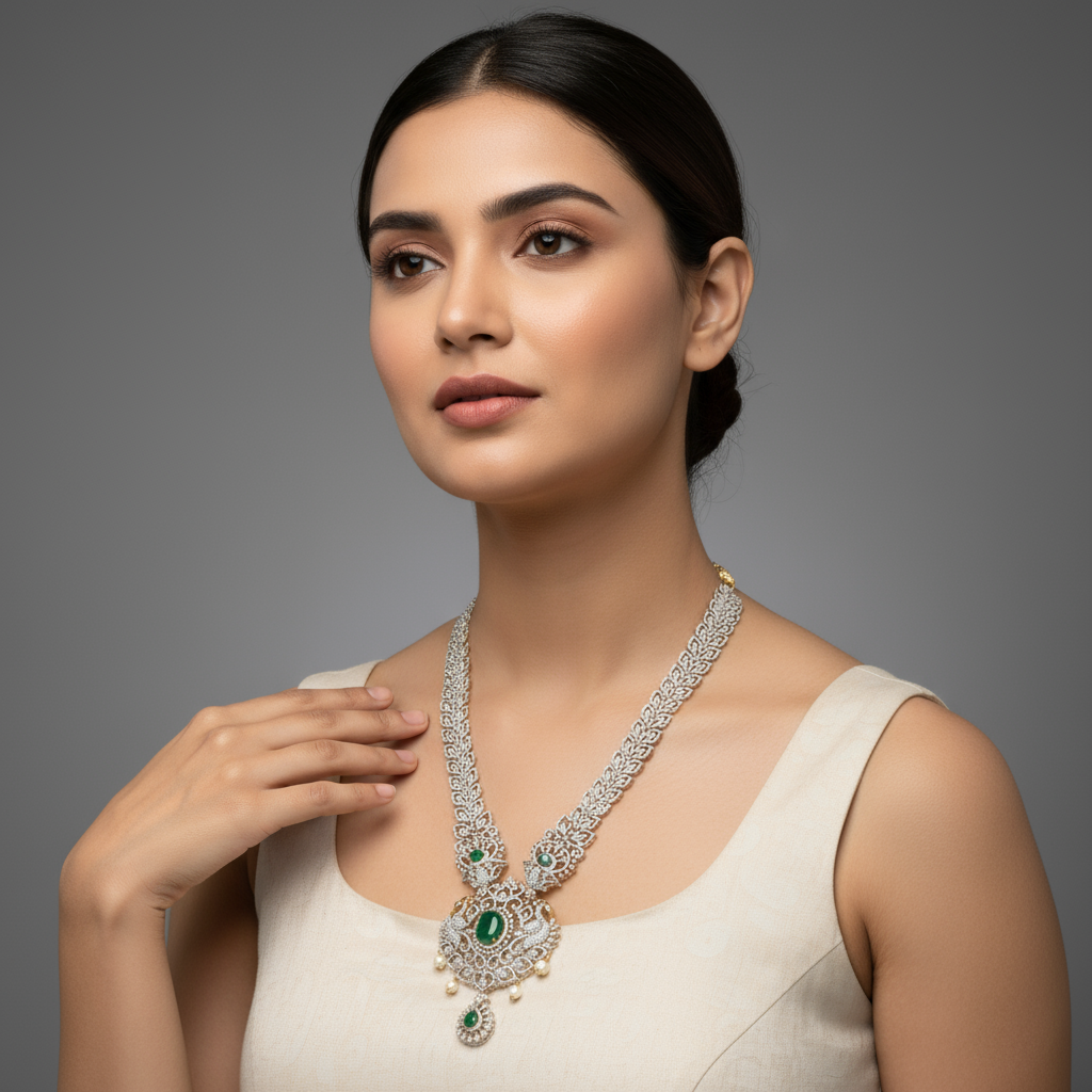 Bridal Diamond Haram - Emerald CZ Pearls Long Necklace Set