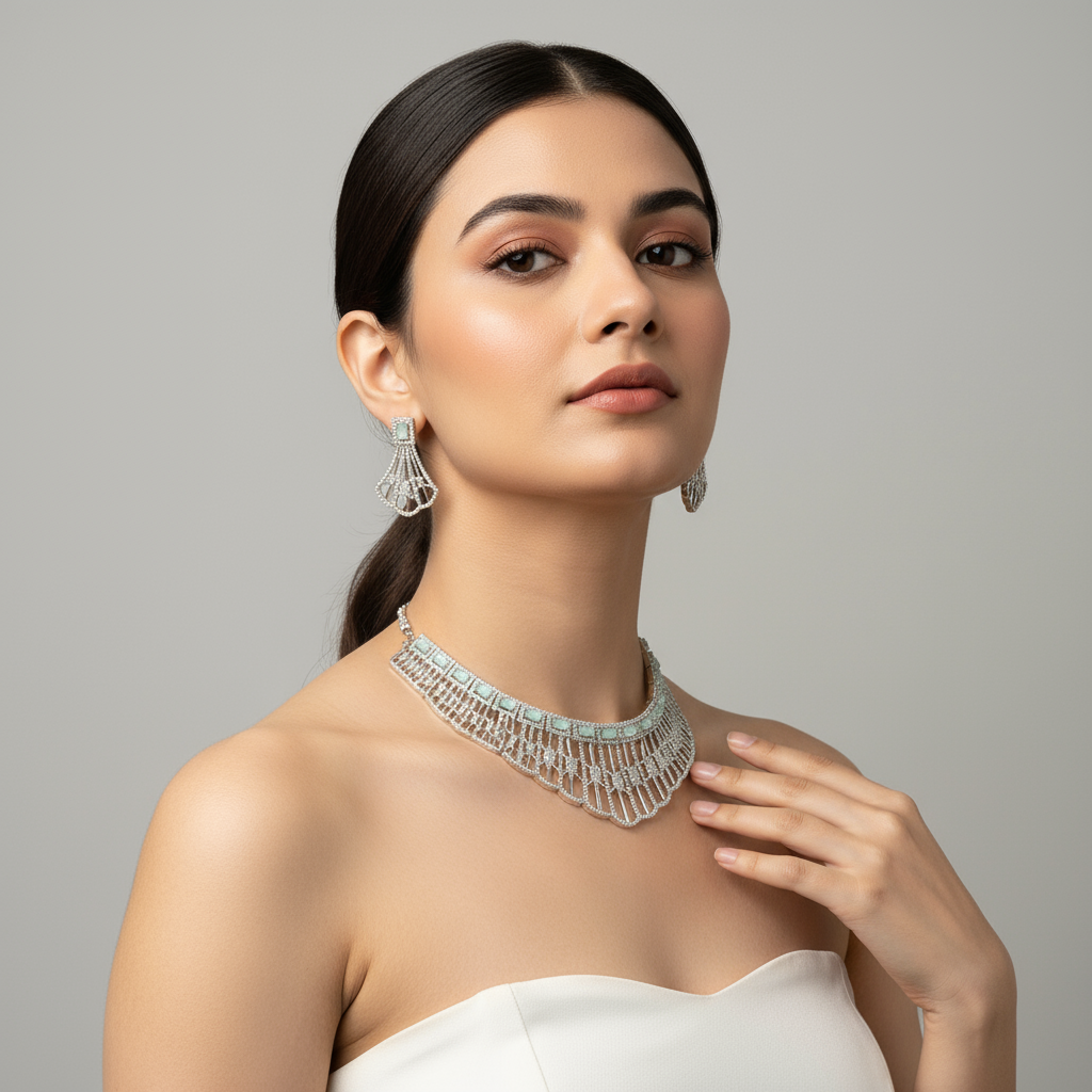 CZ Choker Set Pastel Green - White Rhodium Plated Floral Wedding Necklace