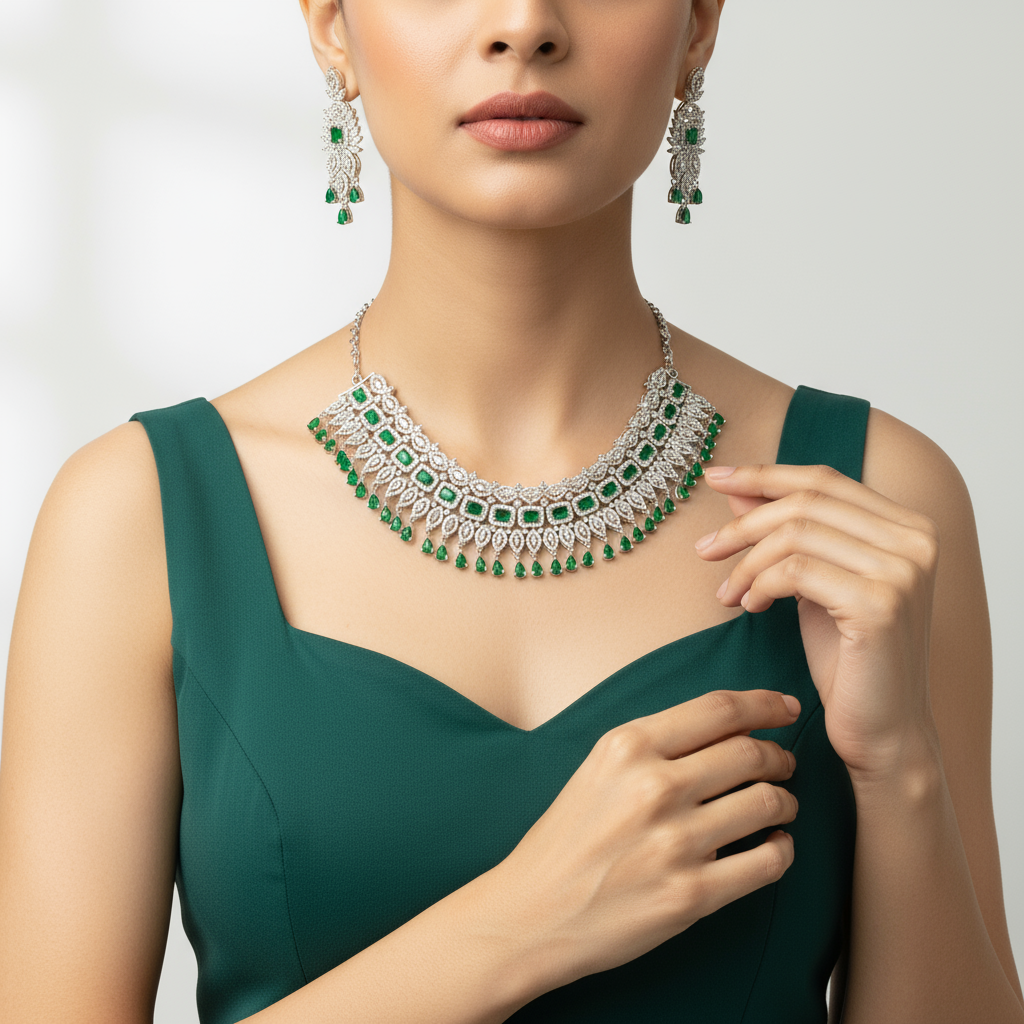 CZ Choker Set with American Diamonds - Regal Silver Plated Wedding Necklace