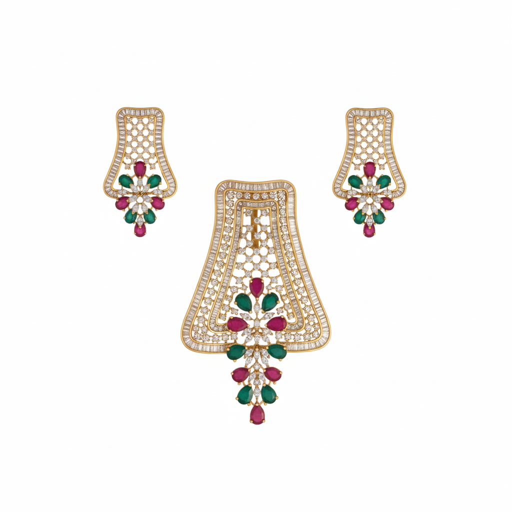 CZ Classic Gold Pendant Set with Earrings