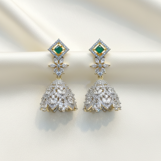 CZ Diamond Bell Jhumka Earrings – Emerald Green Square Stud | Gold Plated