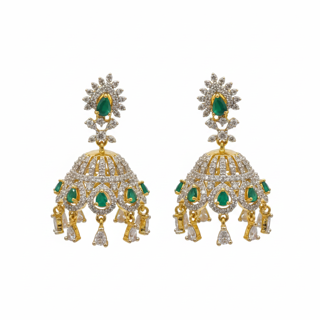 CZ Diamond Chandelier Jhumka Earrings – Emerald & Ruby | Gold Plated