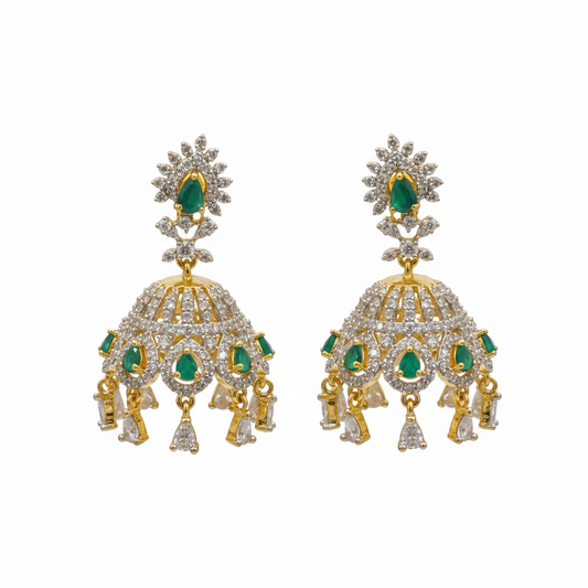 CZ Diamond Chandelier Jhumka Earrings – Emerald & Ruby | Gold Plated