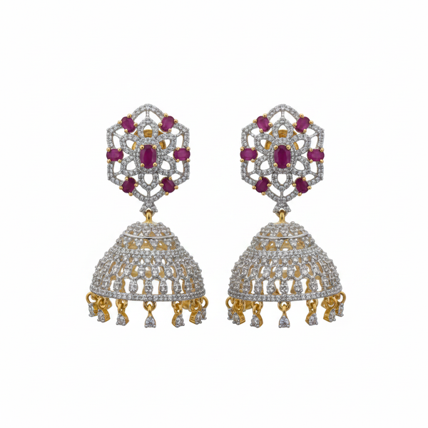 CZ diamond hexagonal jhumka earrings pink ruby variant 