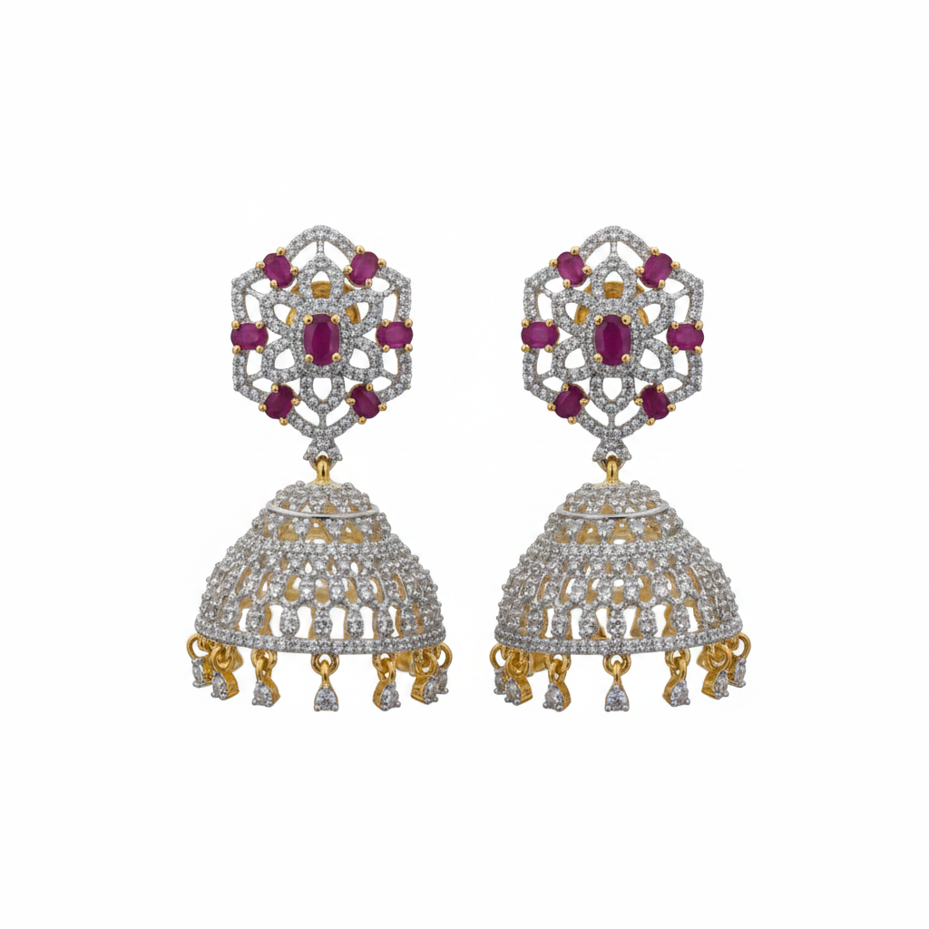 CZ diamond hexagonal jhumka earrings pink ruby variant 