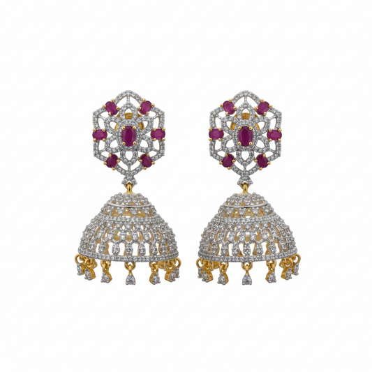 CZ diamond hexagonal jhumka earrings pink ruby variant 