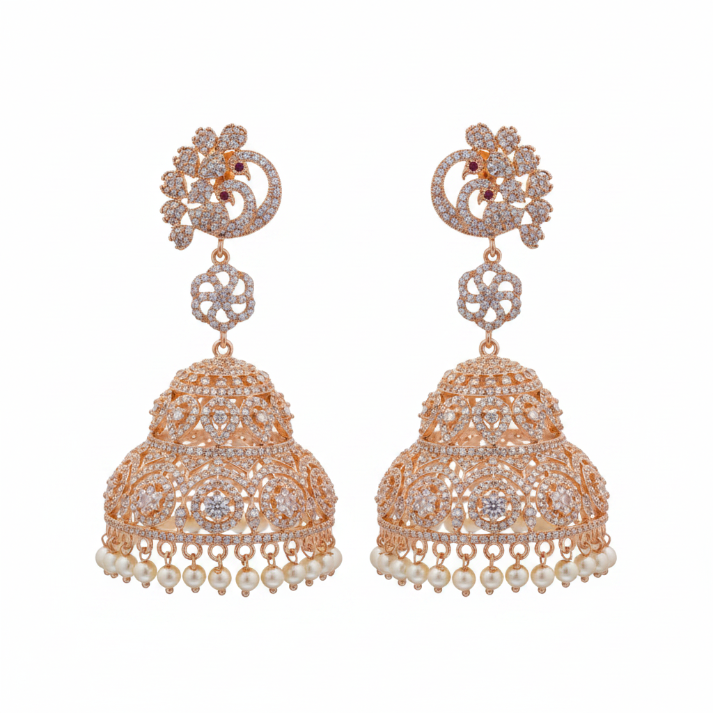 CZ Diamond Jhumka Set | Rose Gold| Traditional Indian Earrings