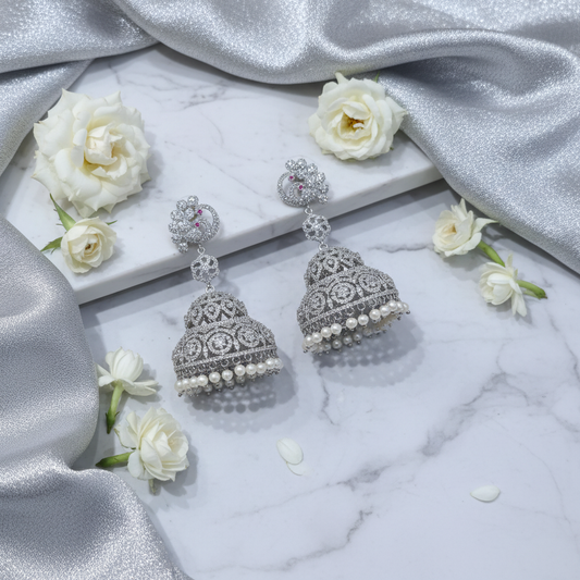 CZ Diamond Jhumka Set |  Silver Finish | Traditional Indian Earrings