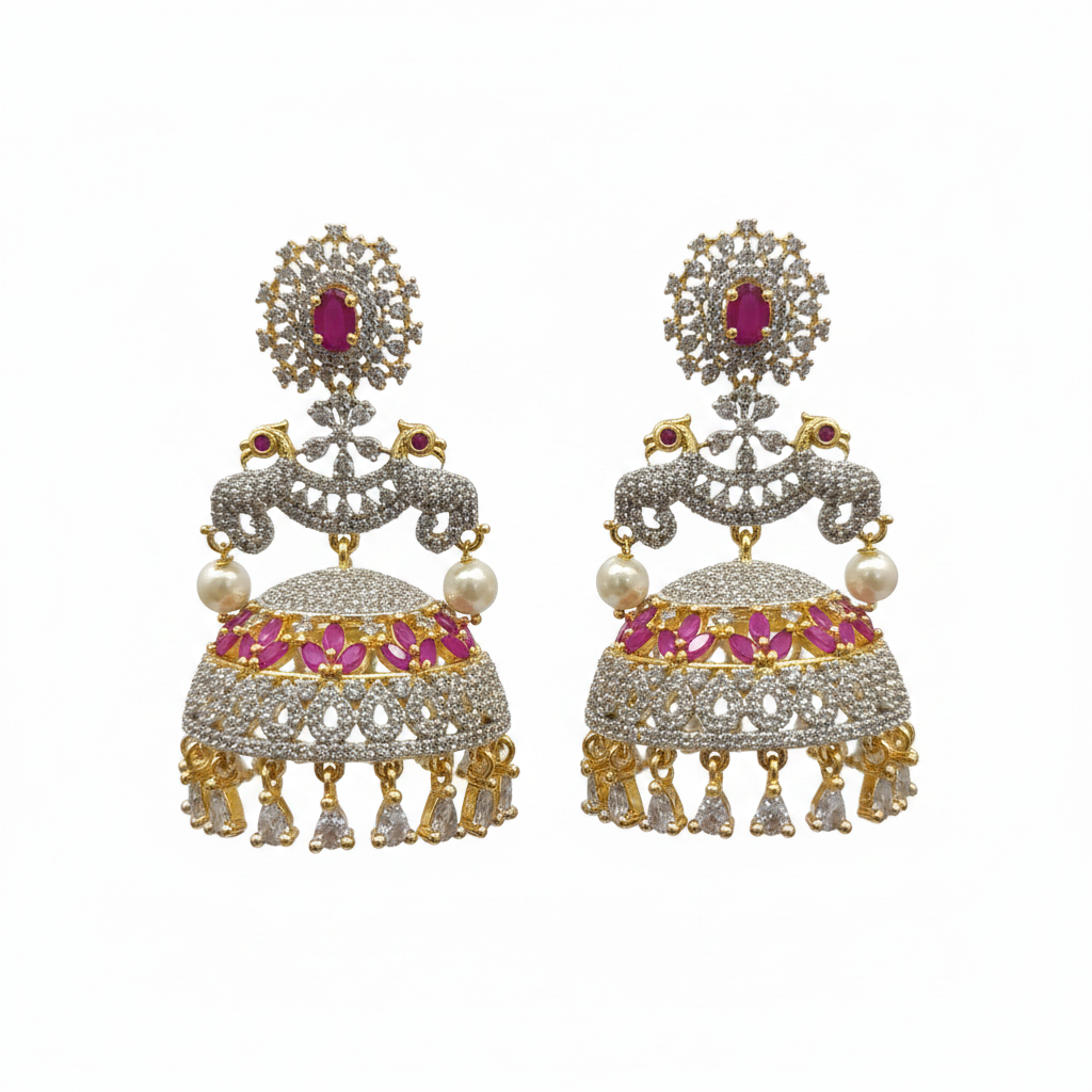 CZ Diamond Peacock Jhumka Earrings – Ruby Pink & Emerald Green | Gold Plated
