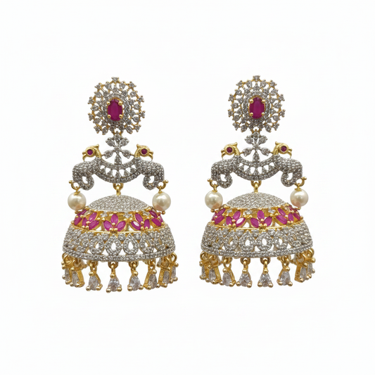 CZ Diamond Peacock Jhumka Earrings – Ruby Pink & Emerald Green | Gold Plated