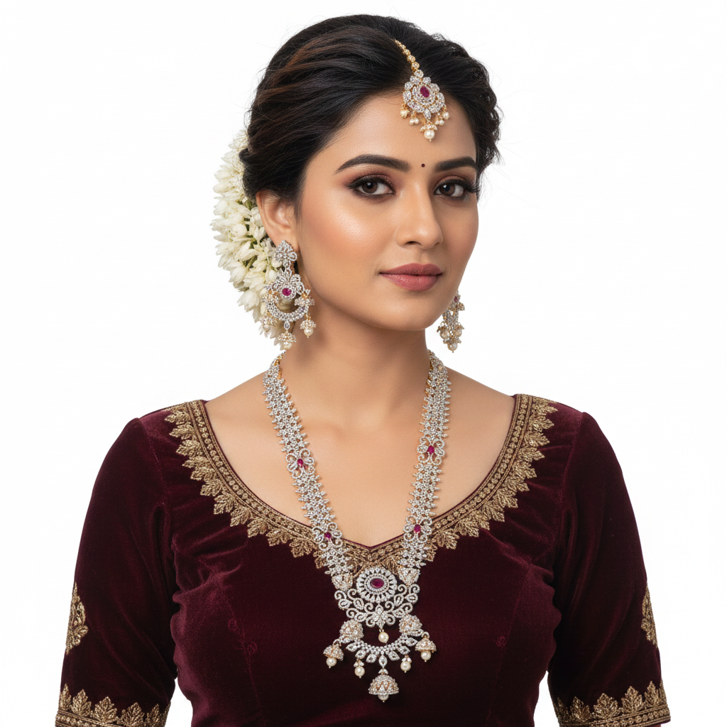Ruby CZ Long Haram Necklace Set - 