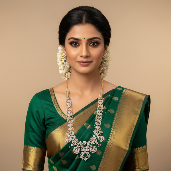 CZ Emerald Long Necklace Set with Jhumka Earrings | Bridal American Diamond Jewellery
