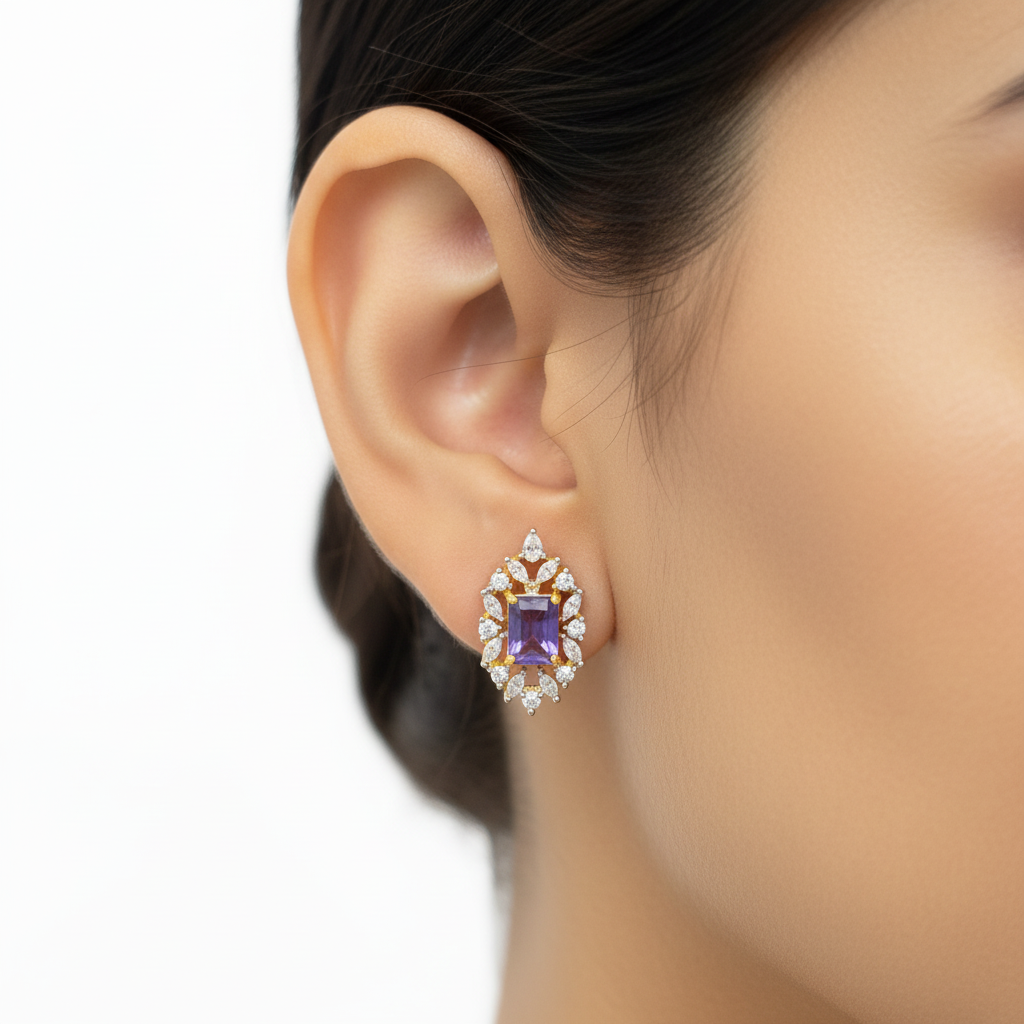 CZ Halo Square Stud Earrings — Blue, Green & Purple | Gold-Tone