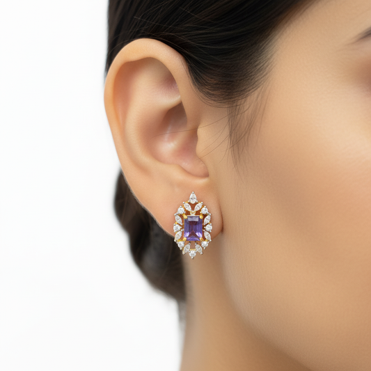 CZ Halo Square Stud Earrings — Blue, Green & Purple | Gold-Tone