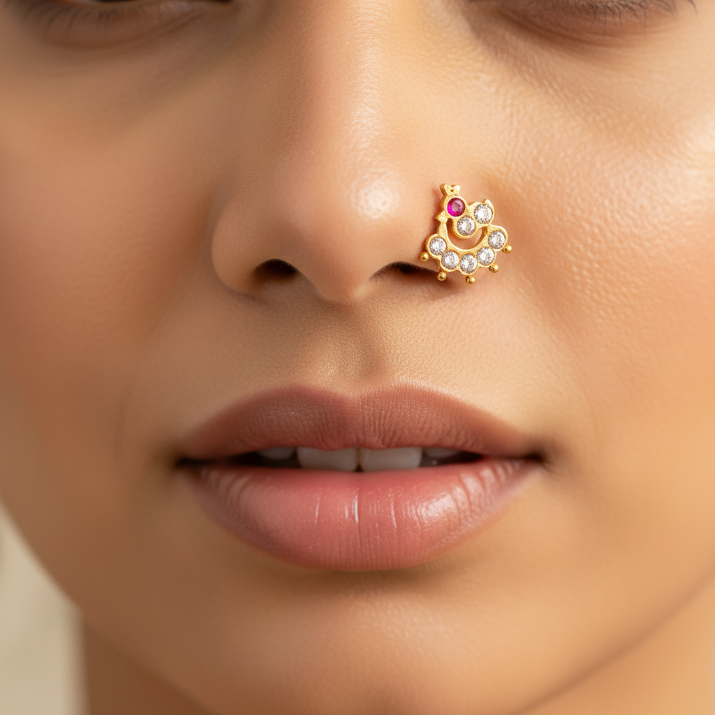CZ Nose Pin with Ruby Accent | 18K Gold