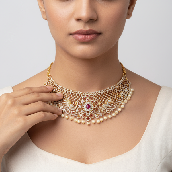 CZ Peacock Ruby Pearl Matte Choker Set - 24K Gold Plated Bridal Jewellery