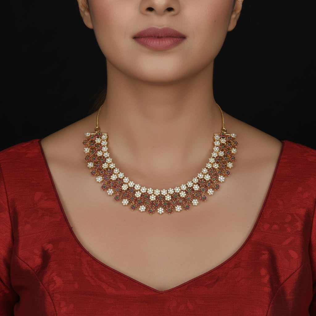 CZ Ruby Necklace Set - 24K Gold Plated Bridal Jewellery