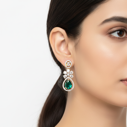 CZ Teardrop Flower Drop Earrings — American Diamond | 24K Gold Plated | Wedding