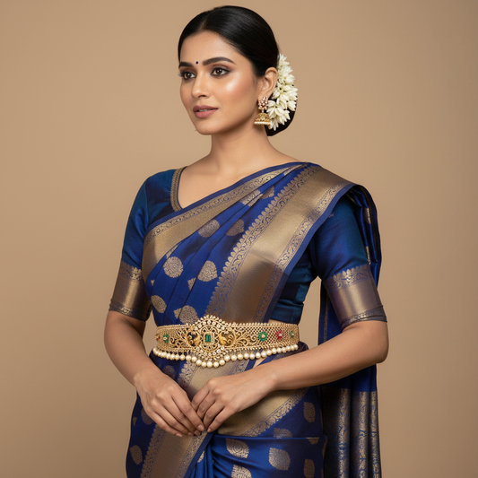 CZ Vaddanam - Twin Peacock Emerald Pearl 24K Gold Belt