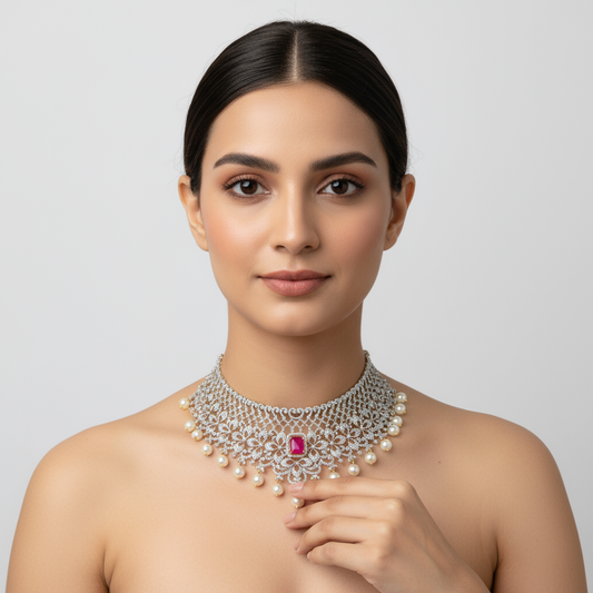 Changeable Color Stone Diamond Choker Set - 3 Stone Colors Included 24K Gold