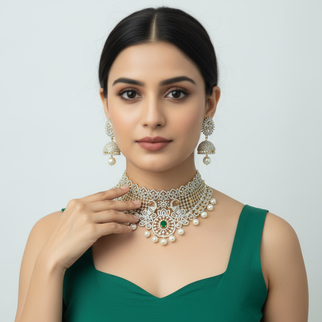 Charismatic American Diamond Choker Set - Pearl Drops Royal Design 88g