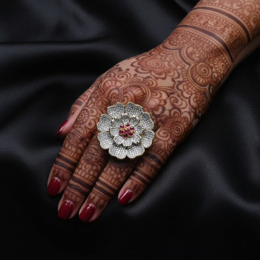 Clear Stones Studded Adjustable CZ Pave Unique Flower Shape Finger Ring