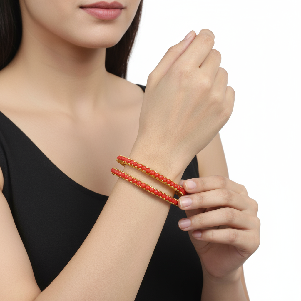 Coral Bangles - Gold Plated Red Coral Stone Bangles for Women