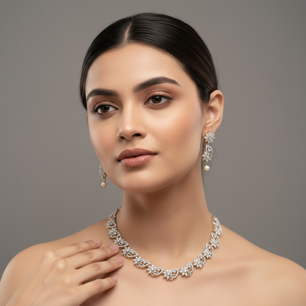 Crystal Clear White Zircon Necklace Set - Diamond Finish