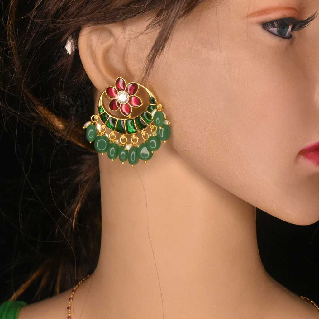 Jadau Kundan Chandbali Earrings | Ruby Pink & Emerald Green | Screw Back | Temple Jewellery