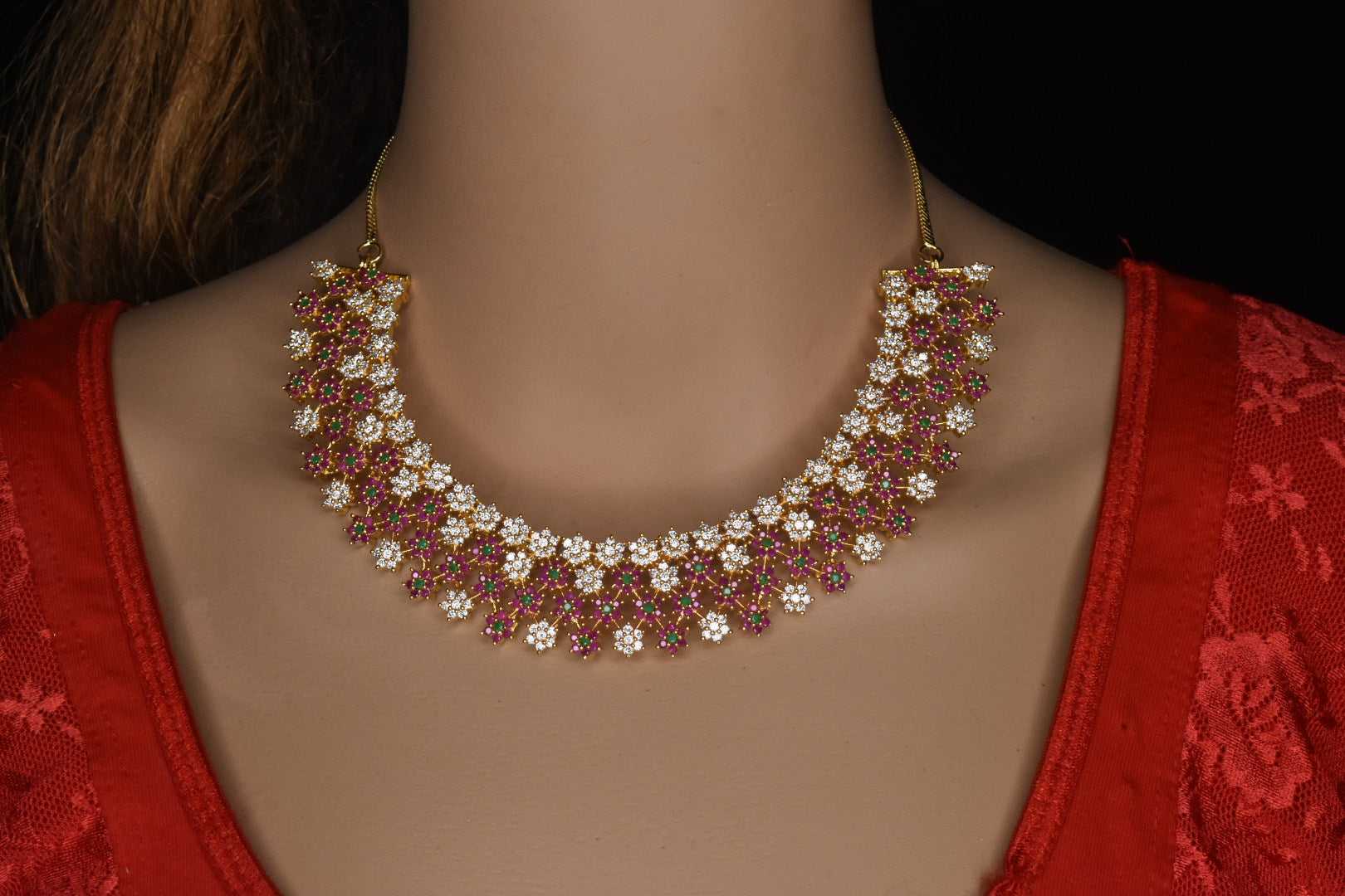 CZ Ruby Necklace Set - 24K Gold Plated Bridal Jewellery