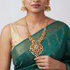 Designer CZ Middle Haram - 24K Gold Peacock Motif Wedding Necklace with Grand Jhumka