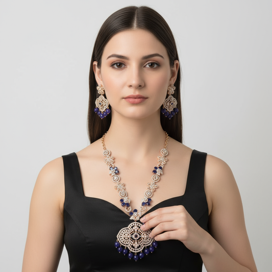 Designer Rose Gold American Diamond Necklace Set with Bead Hangings