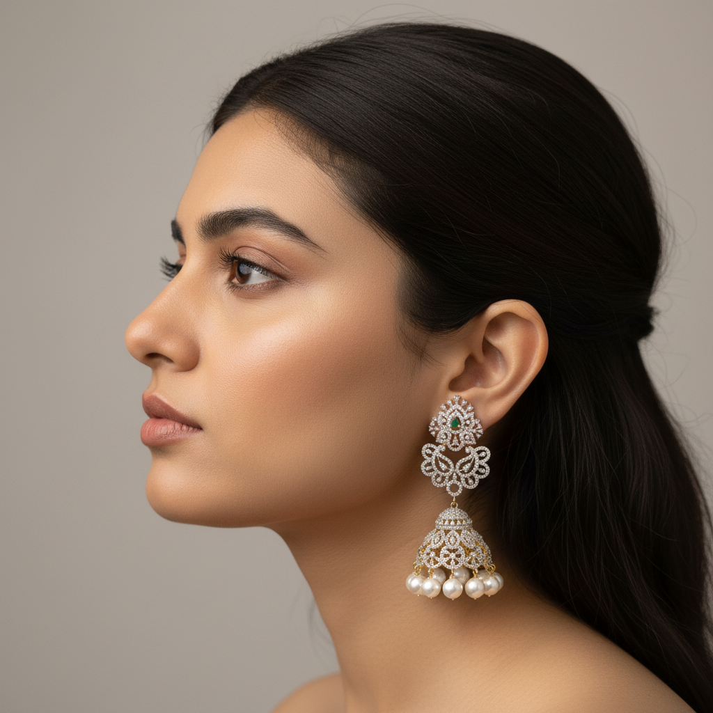 Diamond Emerald Jhumkas - Traditional Gold Plated Bell Earrings