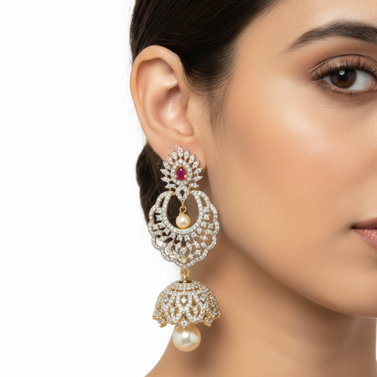 Diamond Finish CZ Chandbali Jhumka Earrings with Pearl Drop