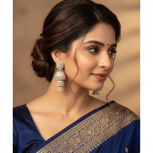 Diamond Replica 3-Step Jhumki | Push Back | 24K Gold Plated CZ