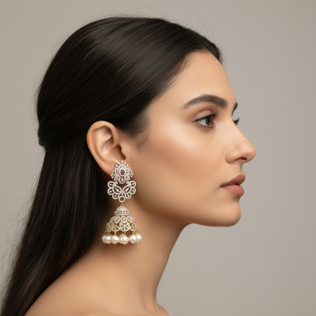 Diamond Ruby Jhumka Earrings - Traditional Gold Plated Jewelry