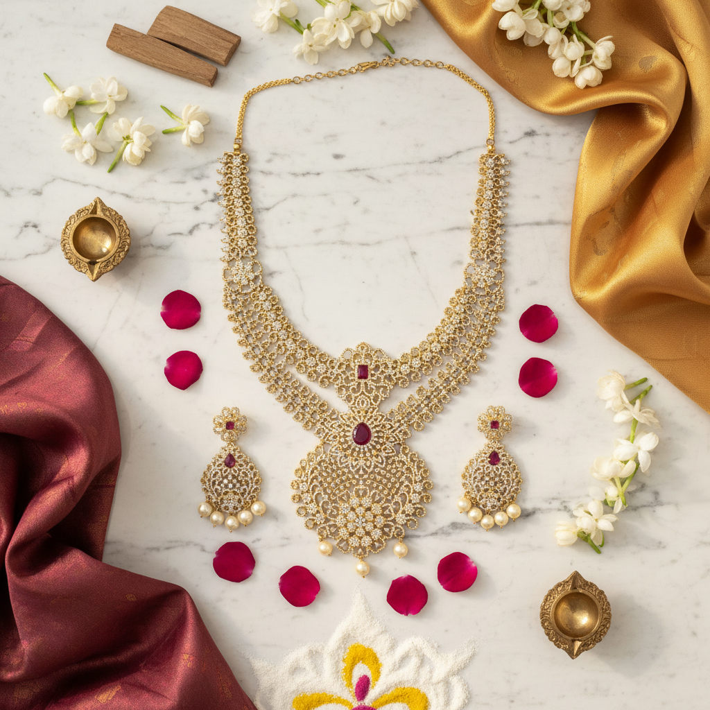Double Layer Grand CZ 24K Gold Plated Bridal Necklace Set with Screwback Earrings