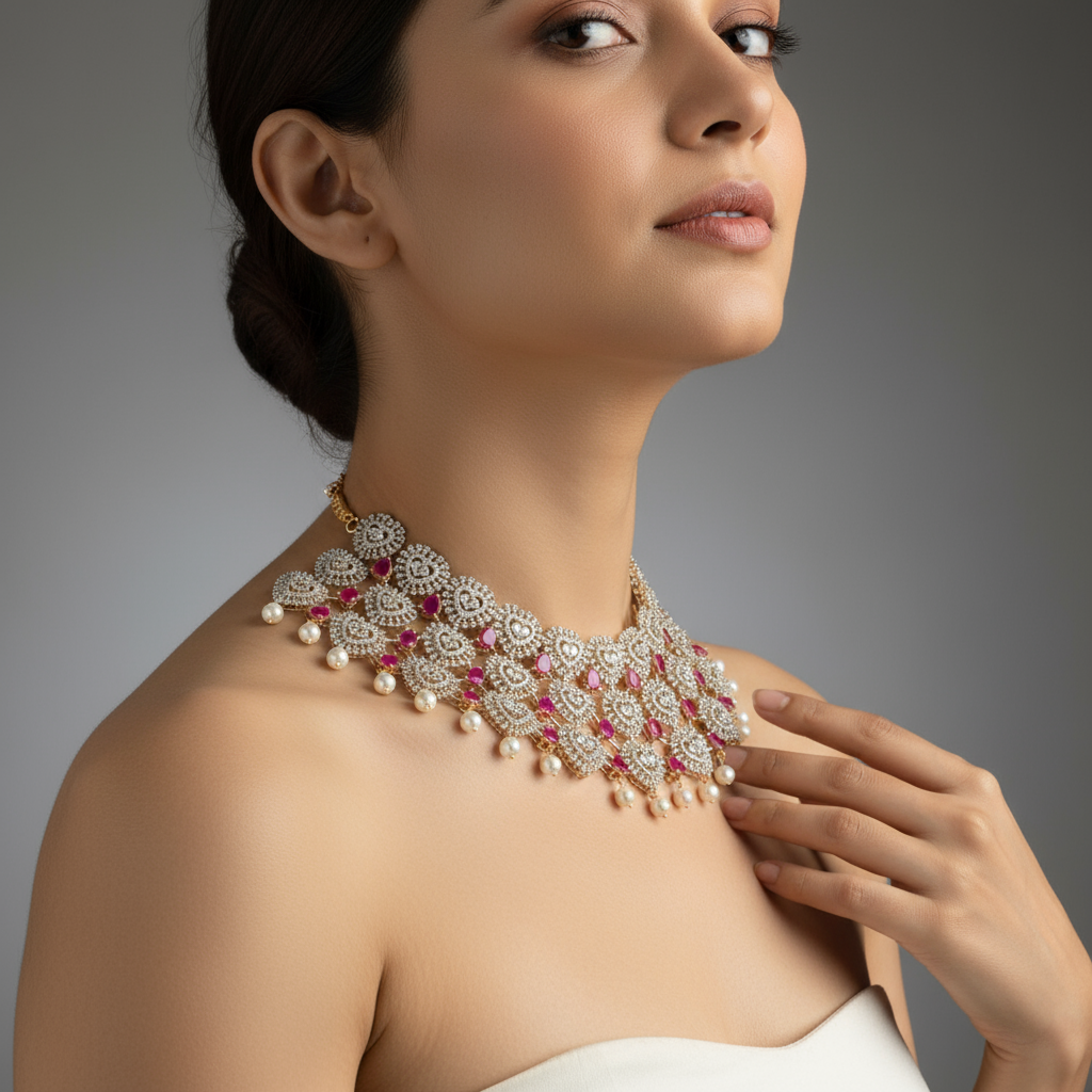 Emerald Pearl Drop Diamond Choker Set - Bridal Jewelry 24K Gold