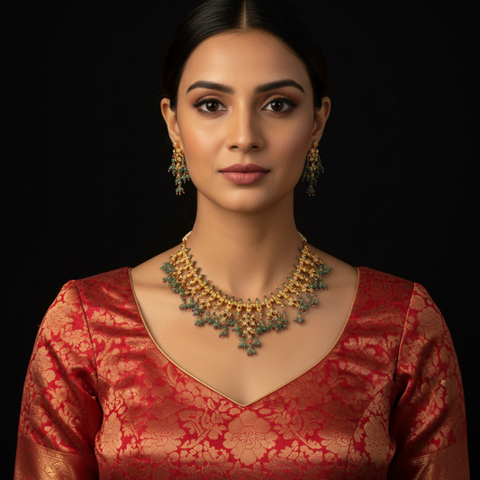 Emerald Stone Gold Necklace Set with Dangling Earrings