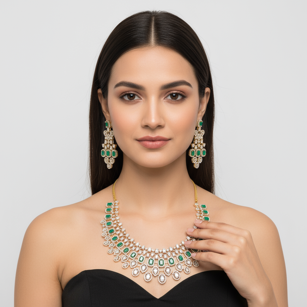Emerald Zircon Choker Necklace Set - 24K Gold Plated Bridal Jewelry