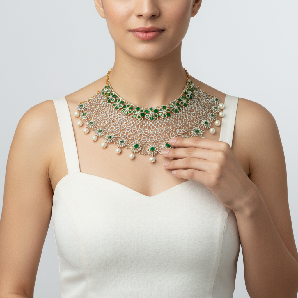 Evergreen Radiance American Diamond Necklace Set - Pearl Drops 210g