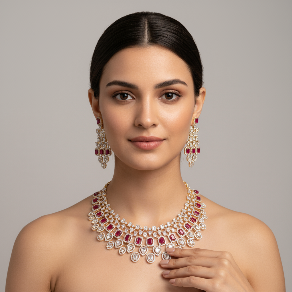 Evergreen Sparkle Ruby American Diamond Choker Set - 24K Gold Plated