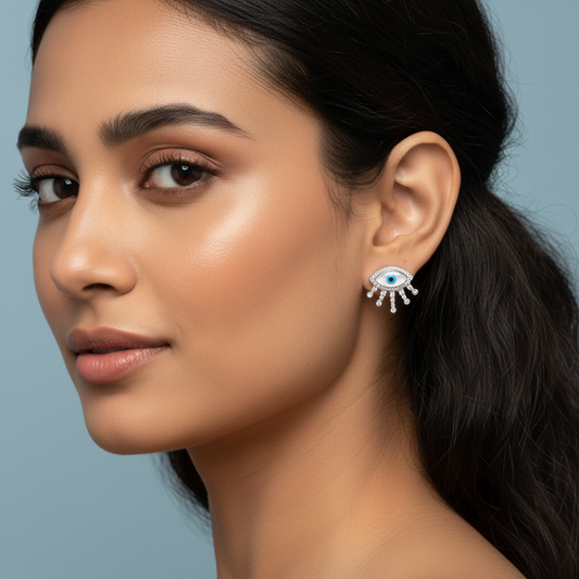 Evil Eye CZ Stud Earrings – 92.5 Sterling Silver with Blue Enamel