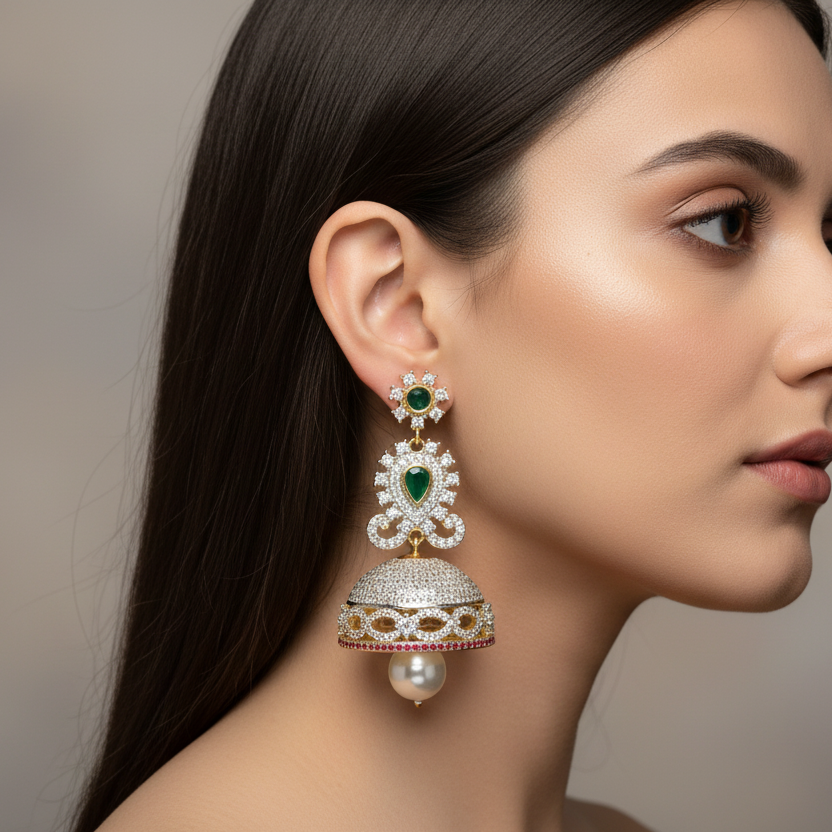 Exquisite American Diamond Jhumka Earrings - Traditional Gold Plated Bell Drop Design